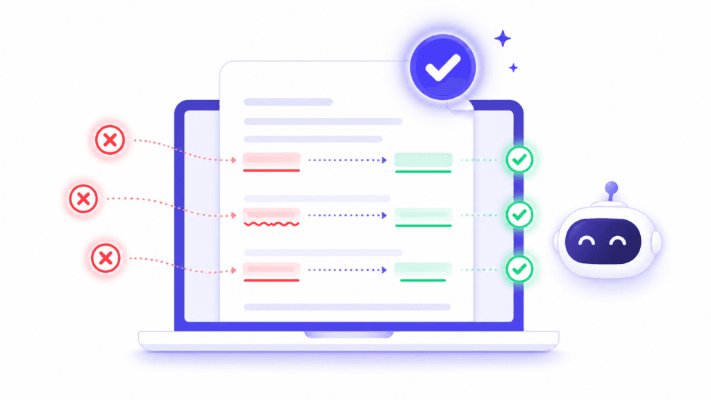 Illustration of an AI grammar checker correcting text errors on a document, representing ClearAITools free grammar checking tool
