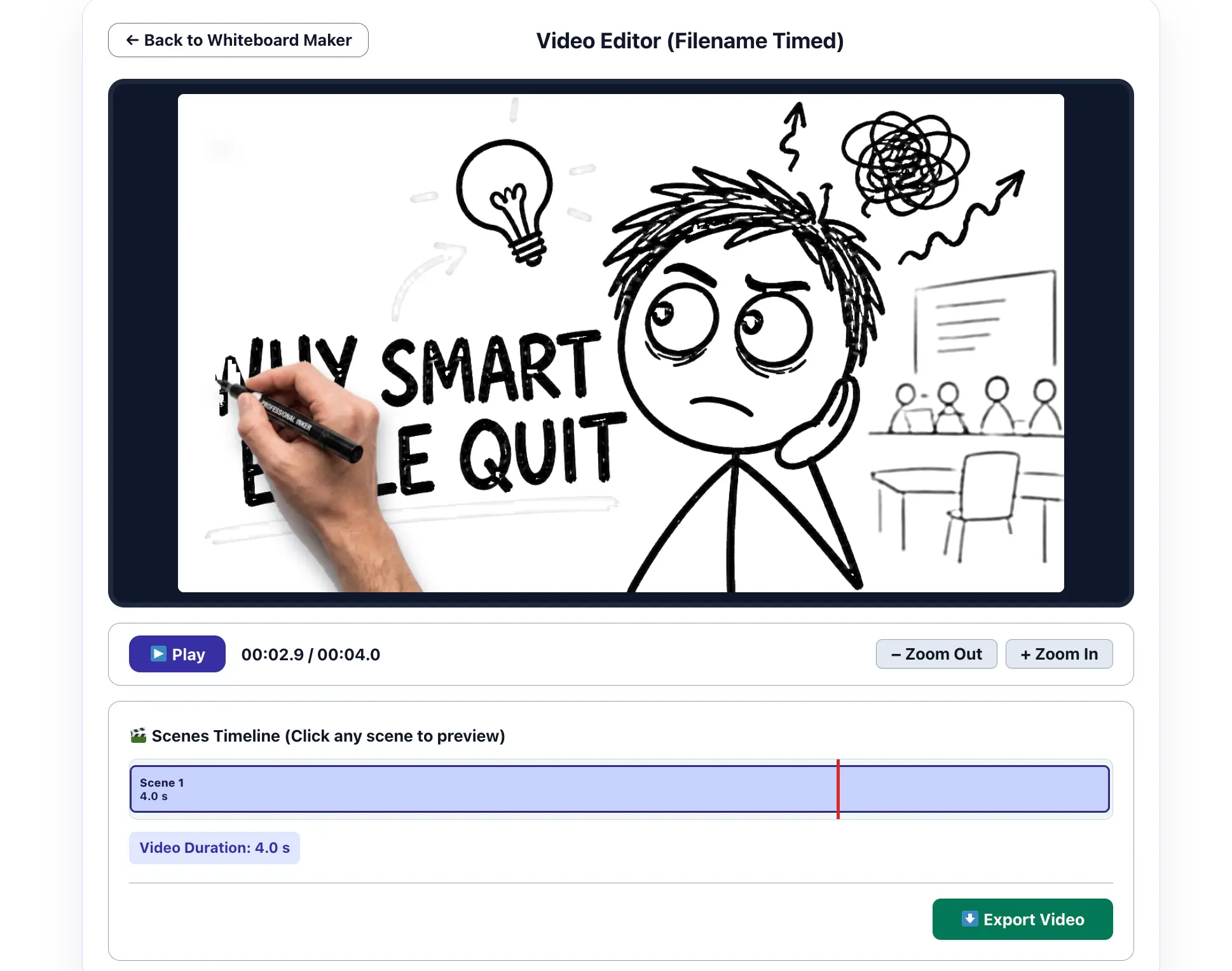 Whiteboard animation maker workspace showing image upload, voiceover, quality and aspect ratio settings